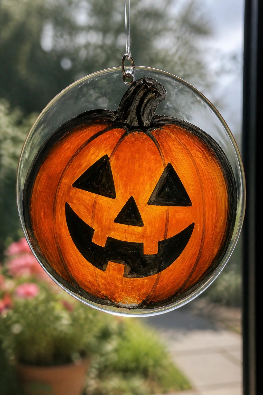 Hanging glass ornament painted with orange jack-o'-lantern face and black features.