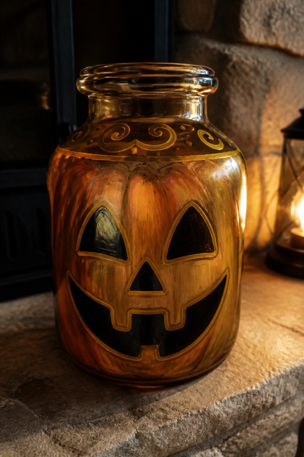 Glass jar painted as jack-o'-lantern with gold swirls on stone ledge.