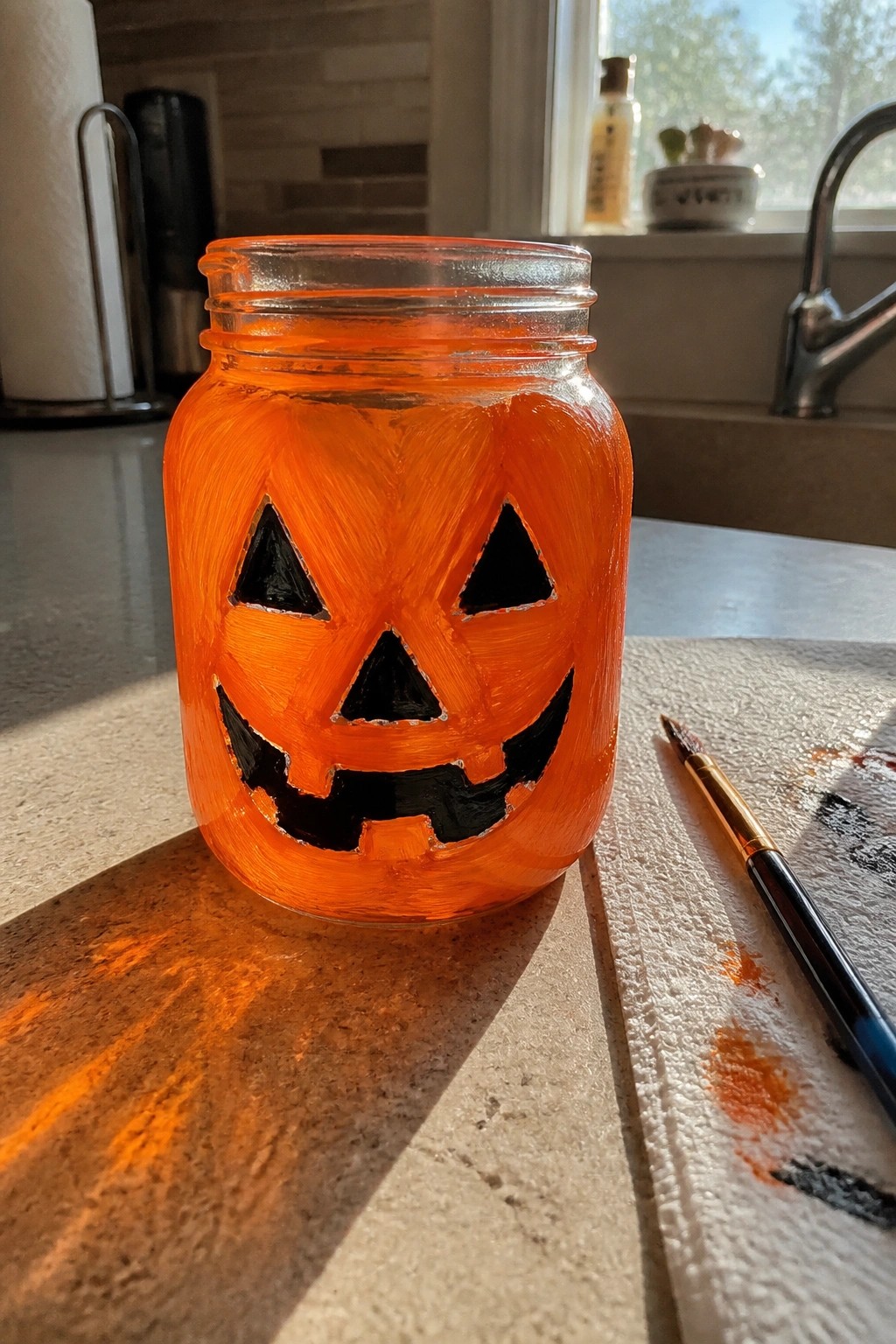Orange-painted mason jar jack-o'-lantern beside paintbrush on kitchen counter