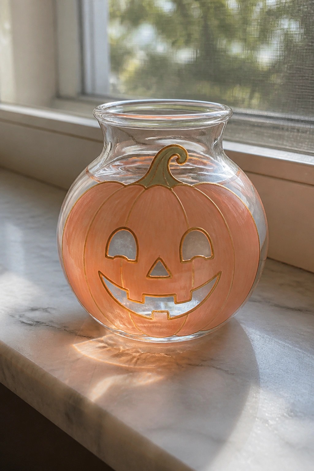 Glowing orange jack-o'-lantern on round glass vase with gold trim on marble sill