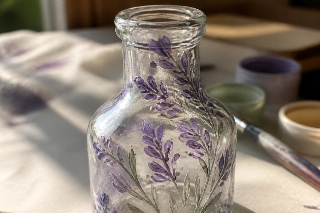 A small clear glass bottle painted with purple lavender flowers and green leaves sits on a wooden surface next to paint supplies.