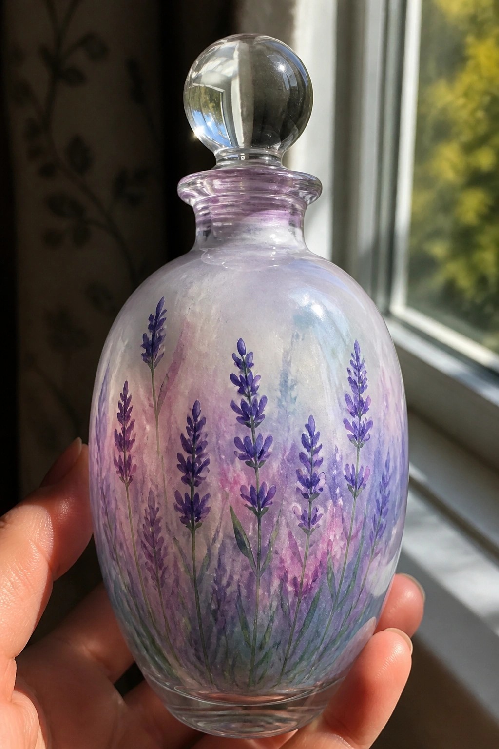 Hand holding round glass bottle with watercolor lavender flowers in purple and blue.