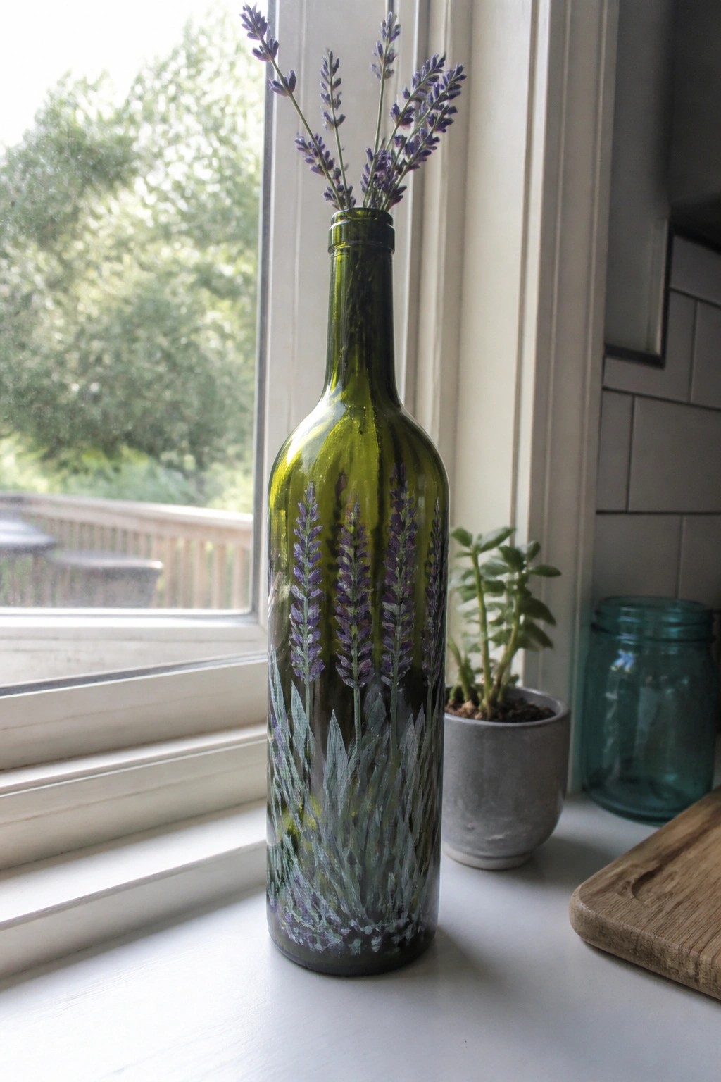 Green bottle painted with lavender holds fresh purple sprigs on bright windowsill