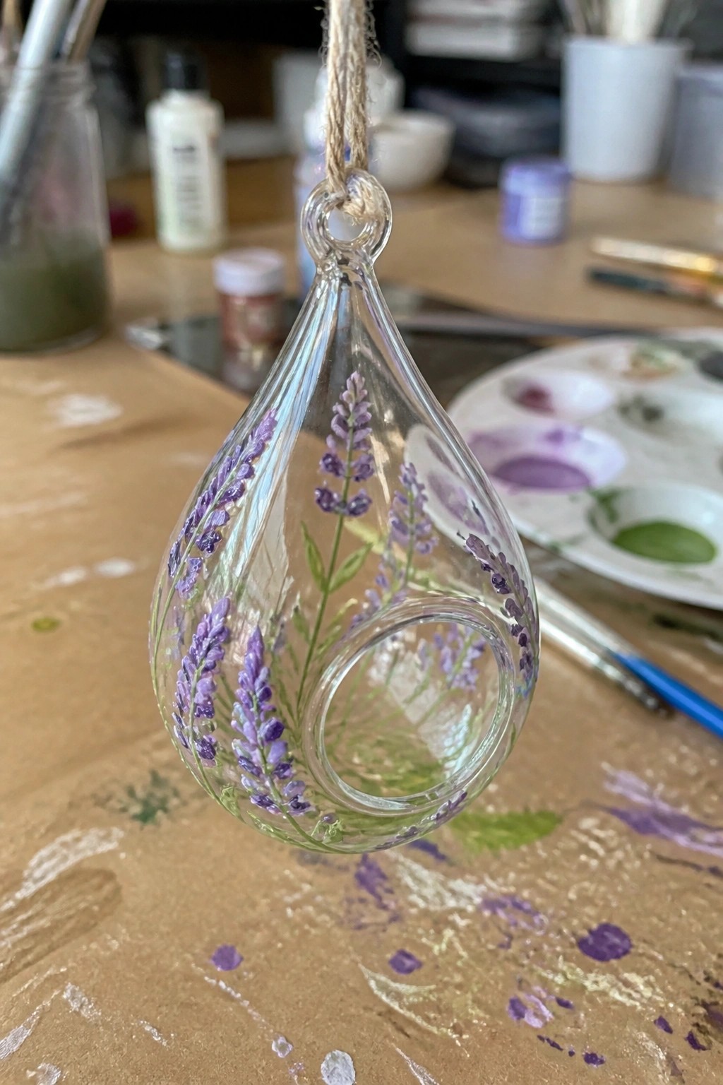 Hand-painted glass teardrop ornament with purple lavender flowers hanging from twine.