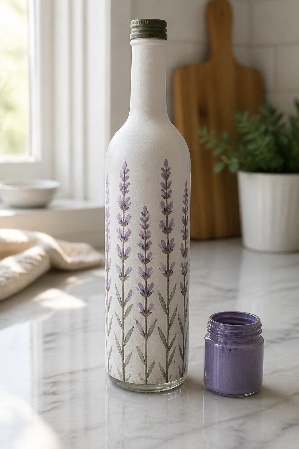 White bottle with purple lavender flowers beside open paint jar on marble counter