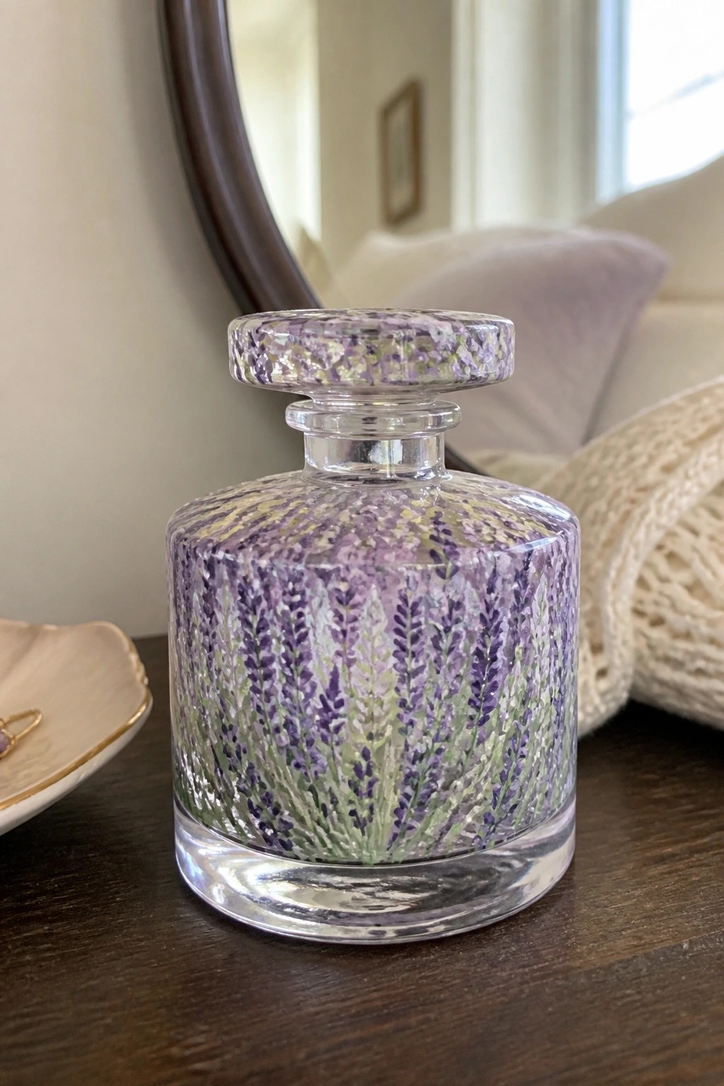Small clear glass bottle with stopper painted in rows of purple lavender flowers.