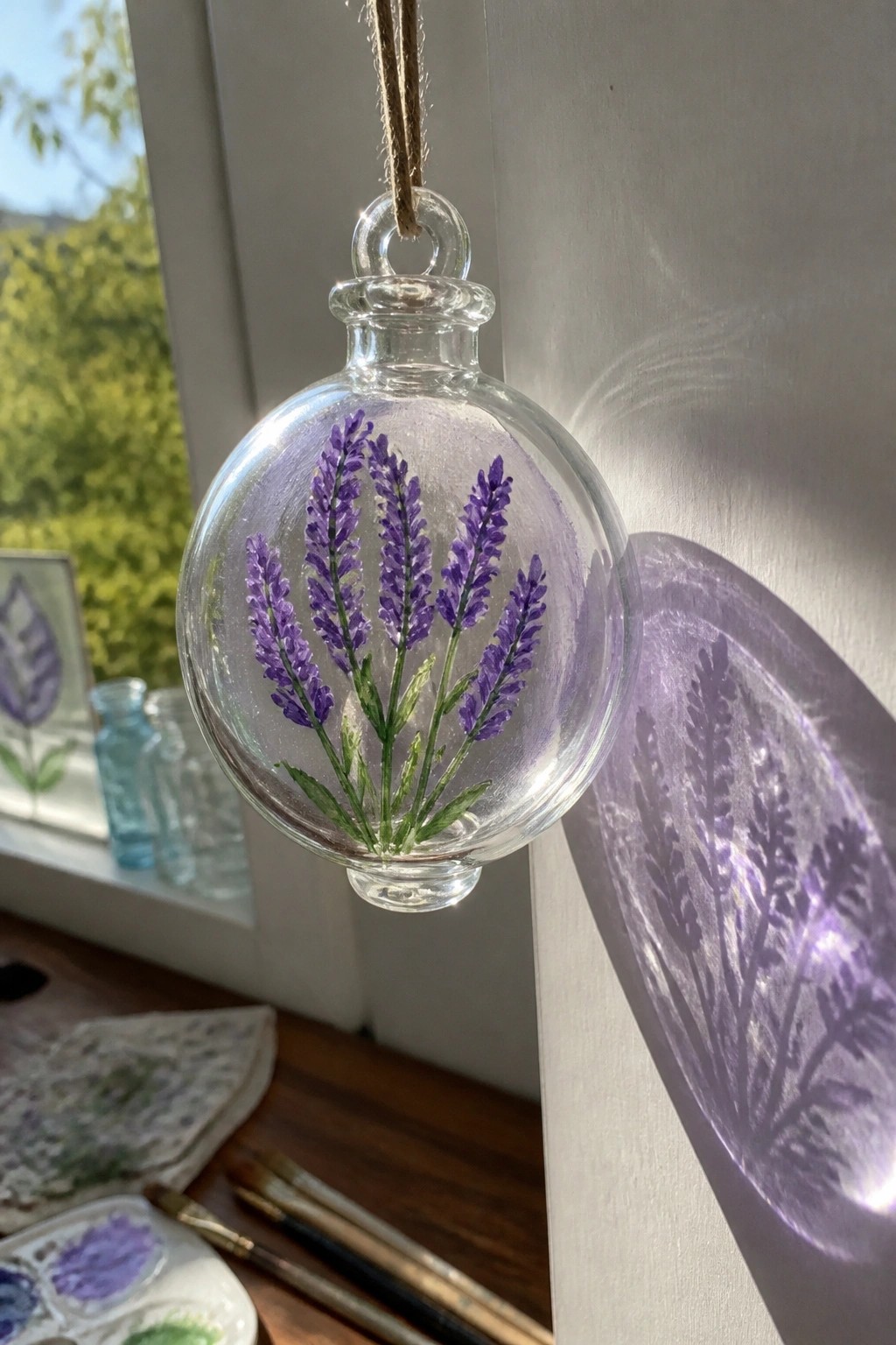 Glass bauble painted with purple lavender sprigs casting shadow on wall