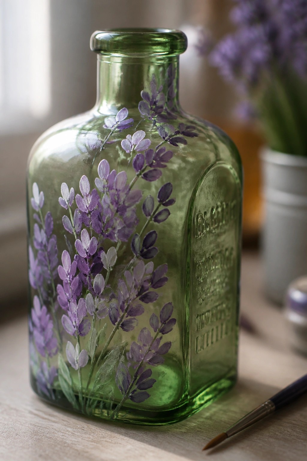 Green glass bottle with hand-painted purple lavender and nearby paintbrush on wood