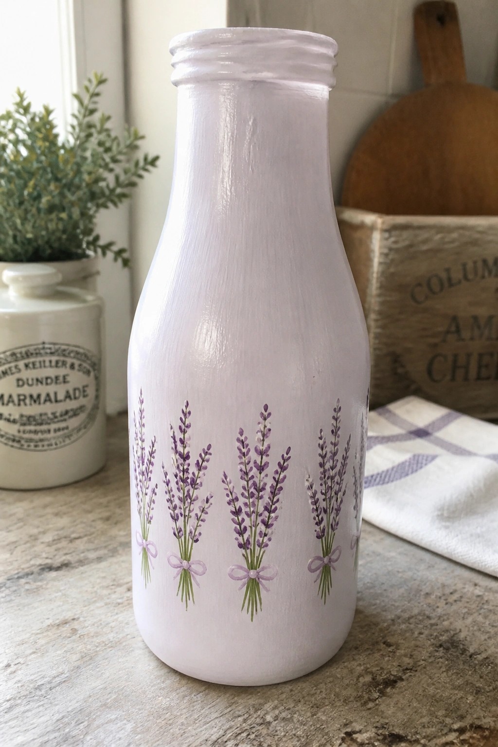 White painted bottle with lavender sprigs tied in purple bows on countertop