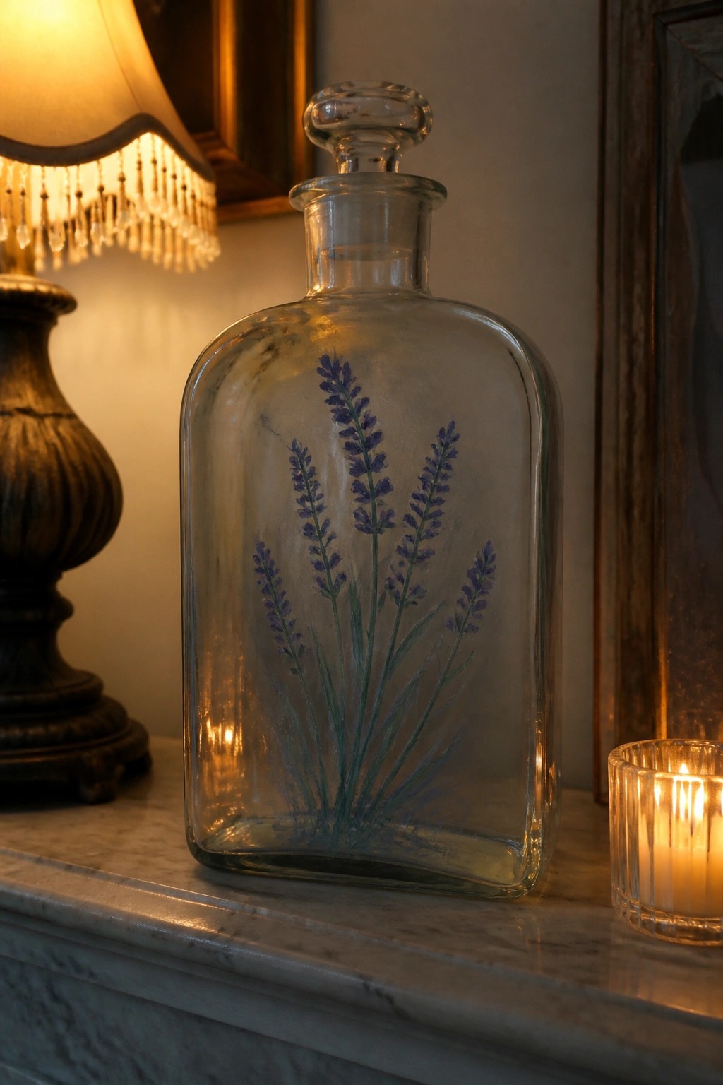 Glass bottle with lavender painting beside lit candle on marble surface.