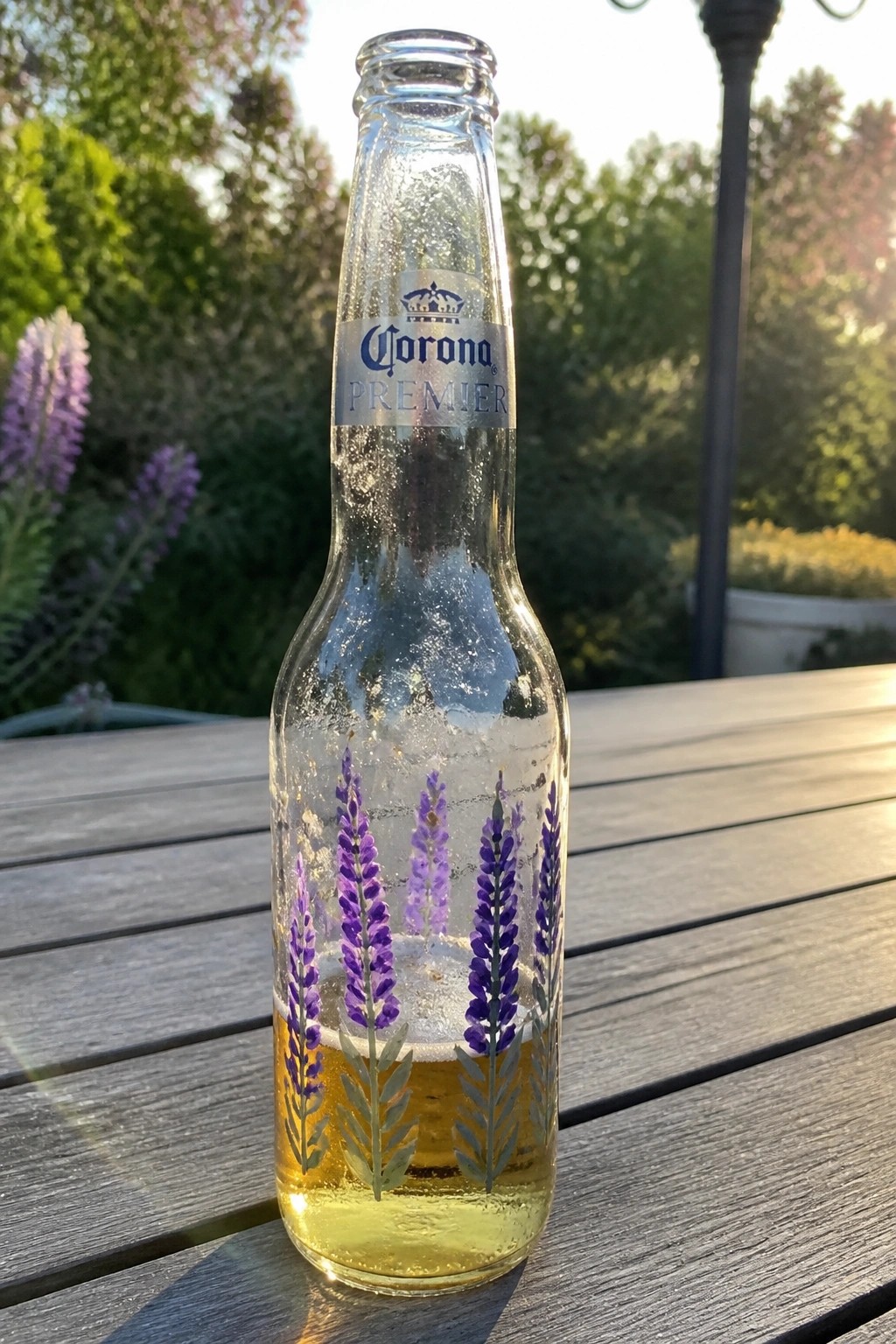 Corona Premier glass bottle with purple floral designs, condensation, and beer on wooden table.