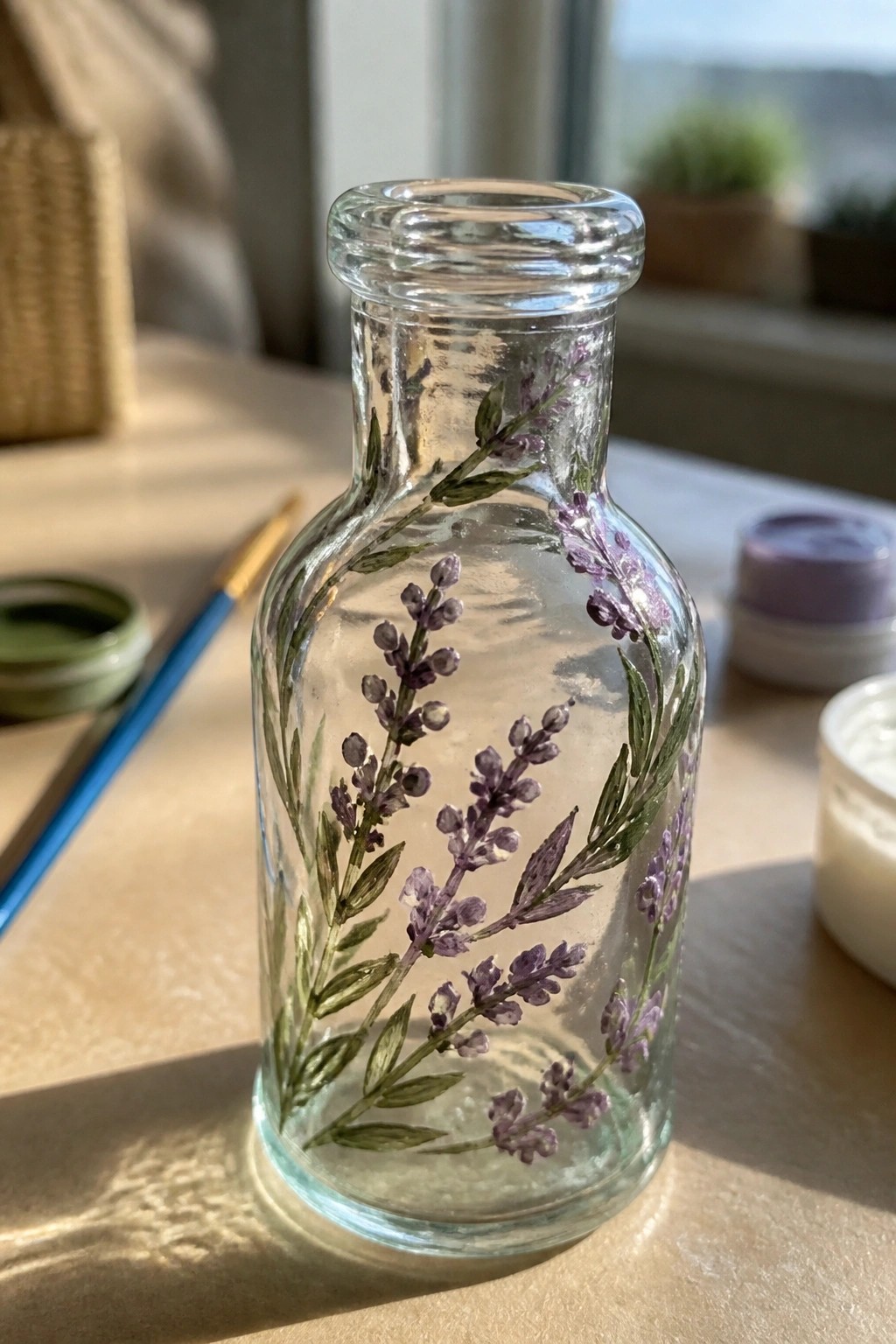 A small clear glass bottle painted with purple lavender flowers and green leaves sits on a wooden surface next to paint supplies.