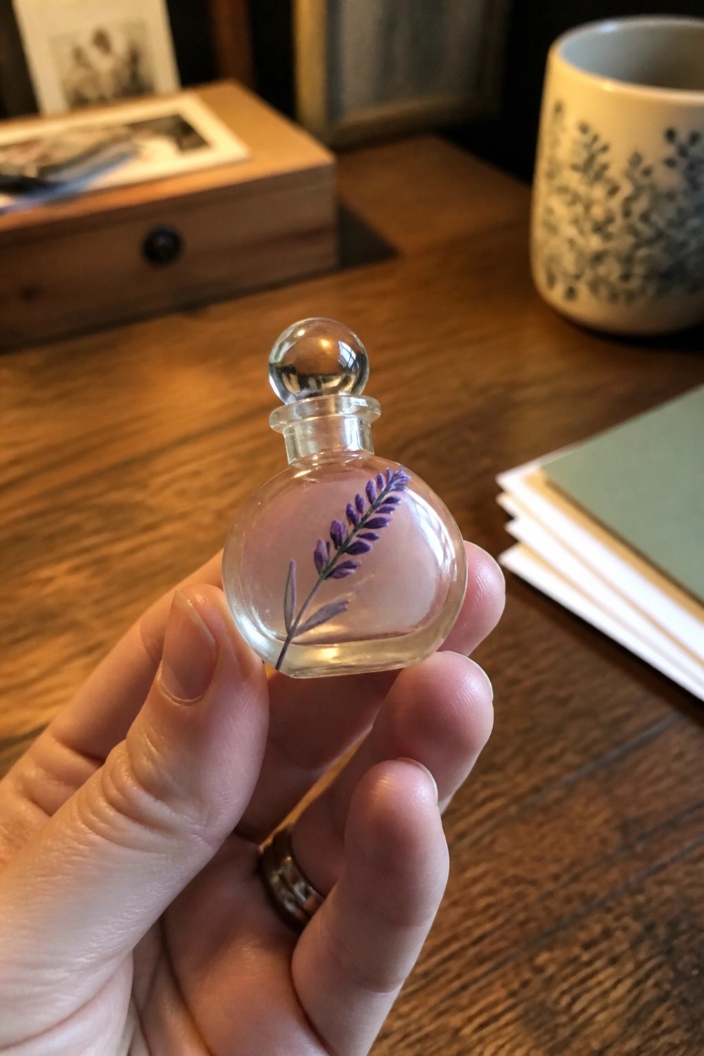 Hand holding small glass bottle with purple lavender sprig on wooden table