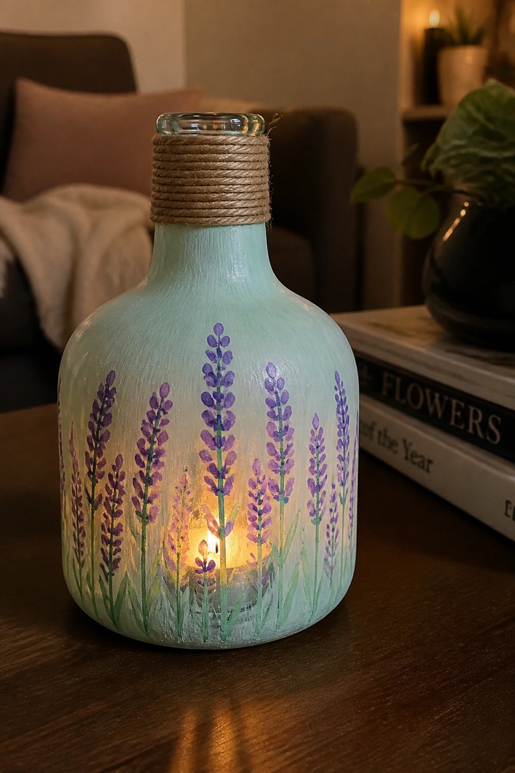 Light blue painted bottle with purple lavender flowers and glowing candle inside on wood.