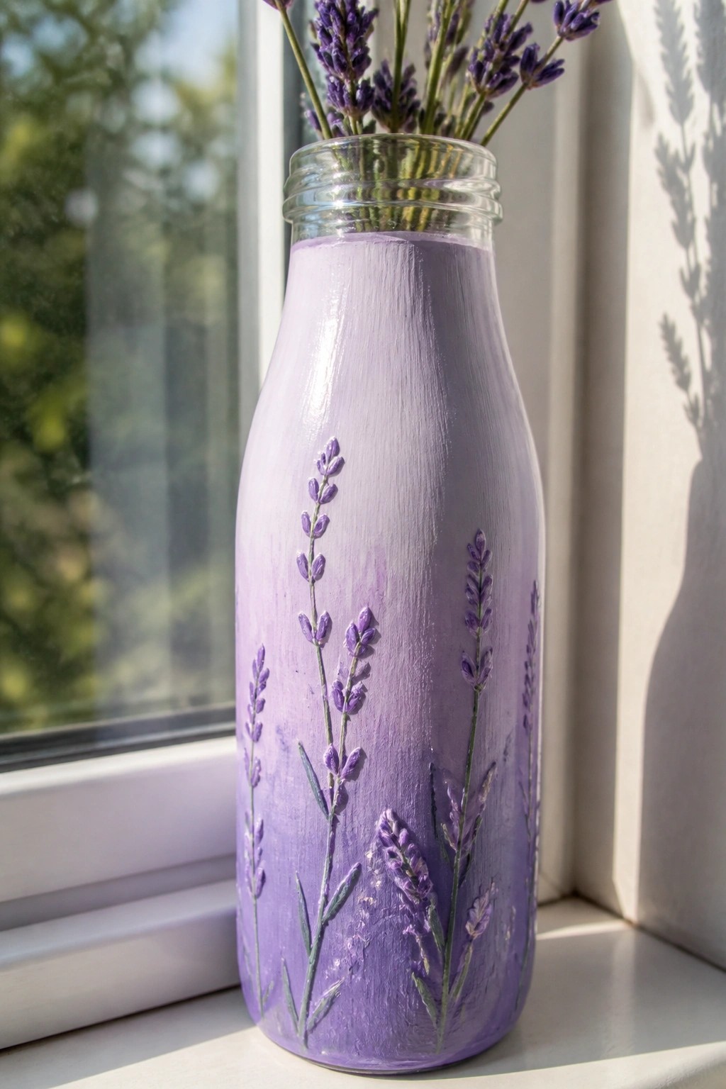 Painted purple bottle with lavender designs holding fresh blooms on windowsill