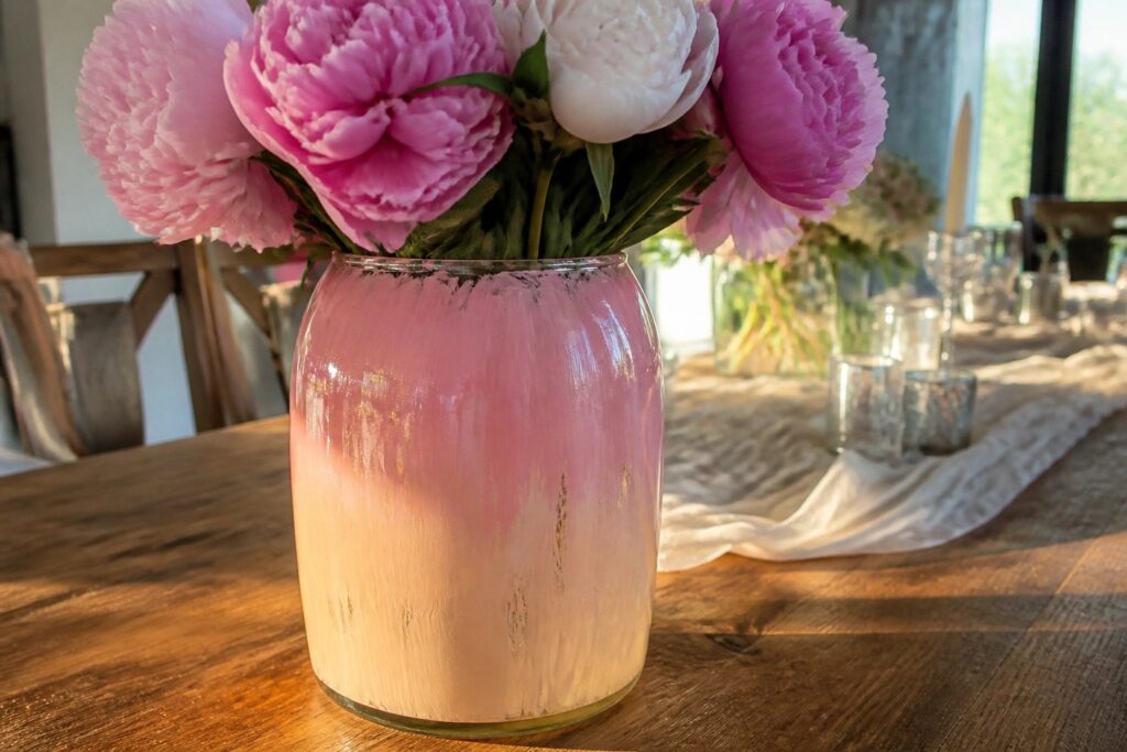 Pink and orange ombre vase with blooming pink peonies on wooden table