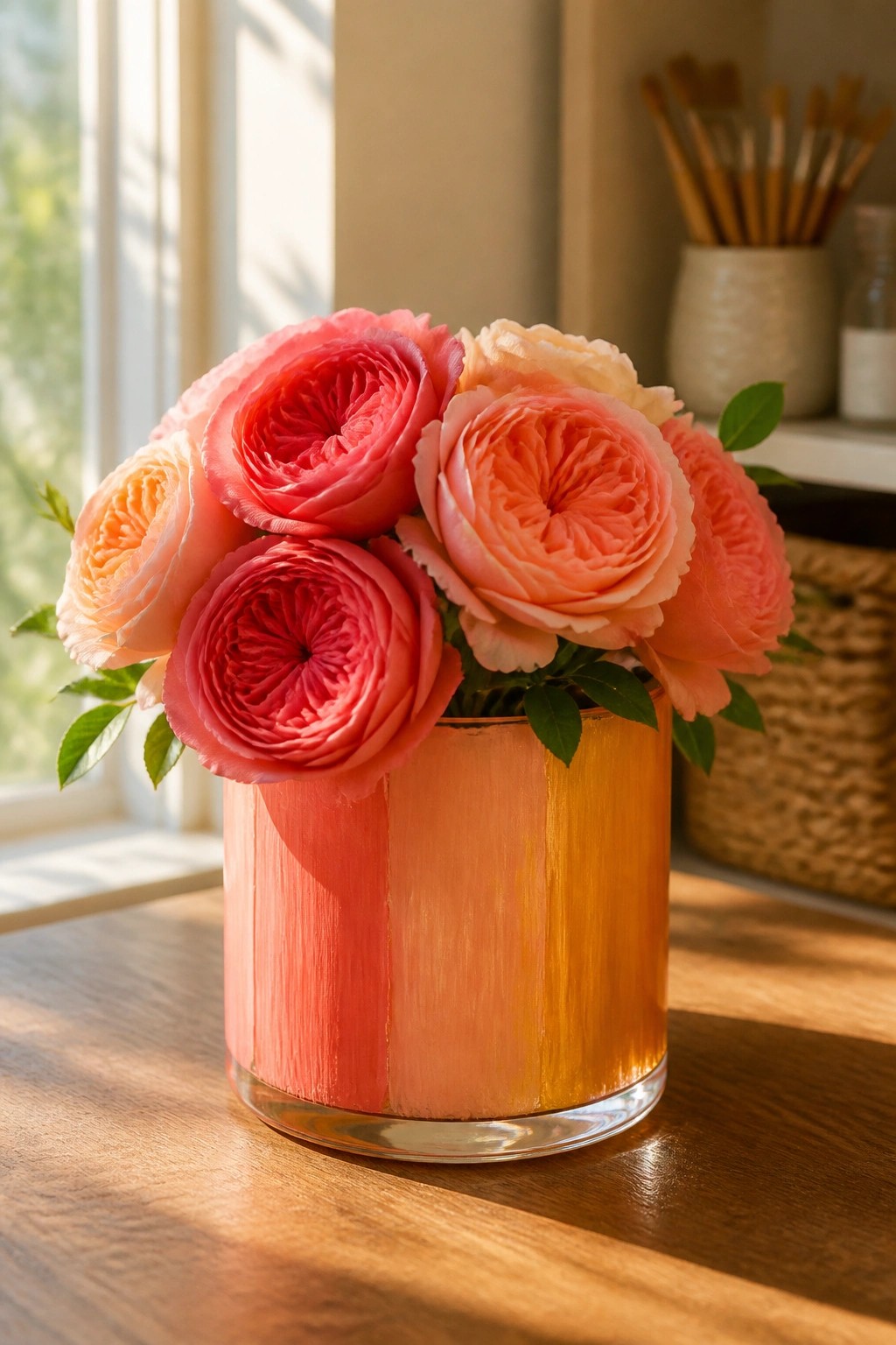 Pink and peach roses in a pink-orange gradient vase on wooden table.