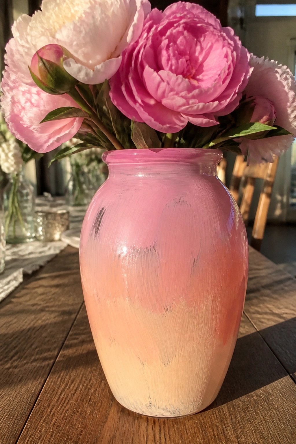 Pink and orange ombre vase with blooming pink peonies on wooden table