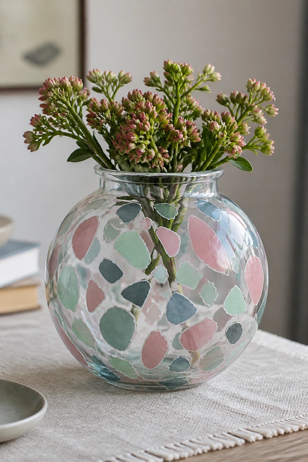 Glass vase with pink and green mosaic pattern holding budding green plants on table.