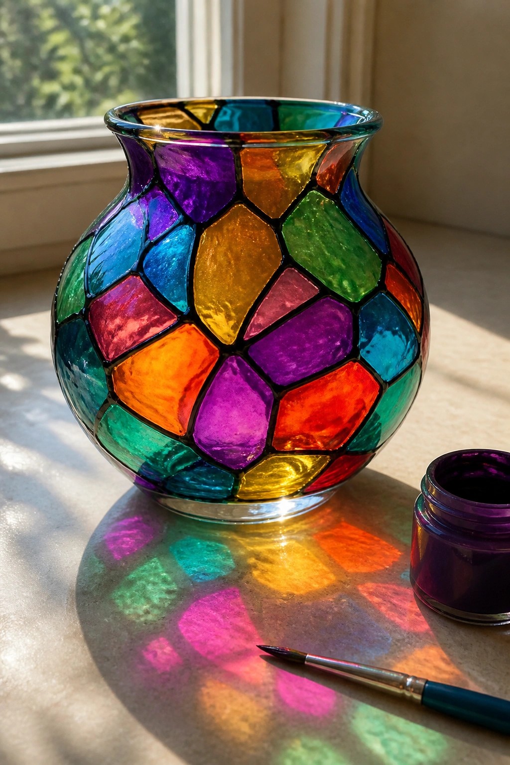 Stained glass vase casting rainbow reflections beside paint jar and brush on windowsill