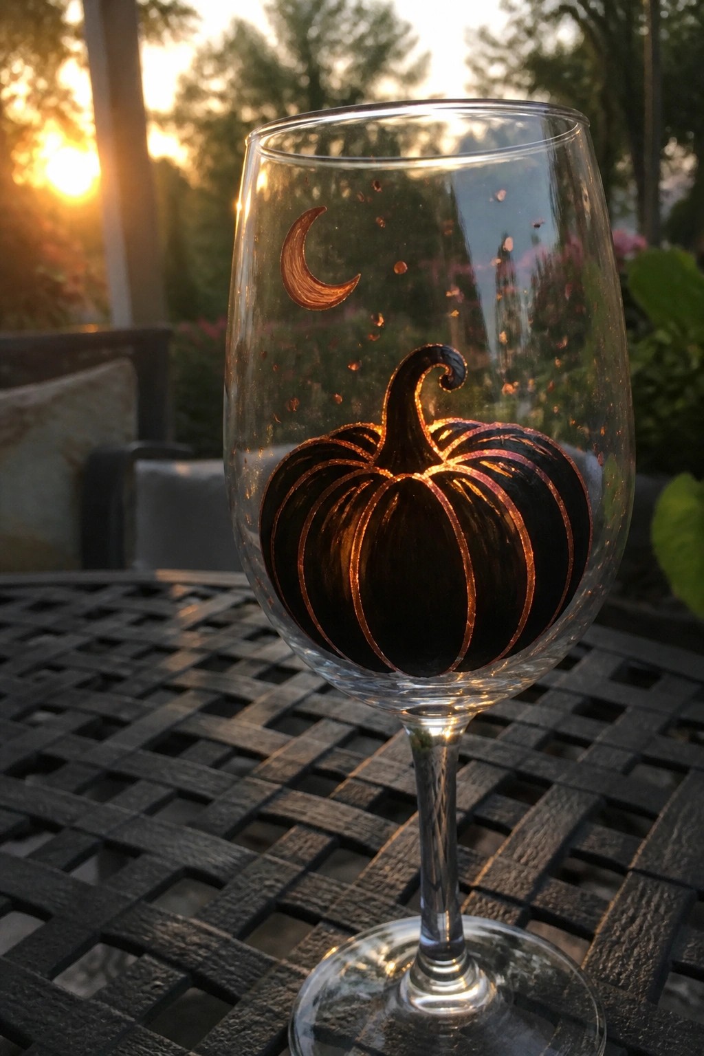 Wine glass with black and gold pumpkin painting plus crescent moon on outdoor table