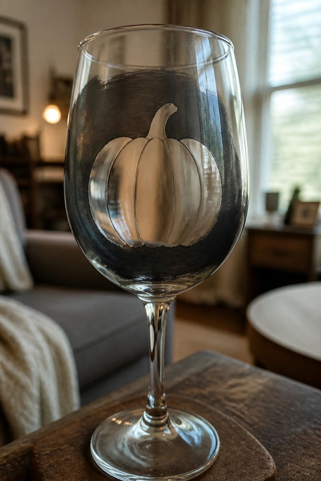 Clear stemmed wine glass with a pumpkin outlined in white on a dark painted band around the bowl.