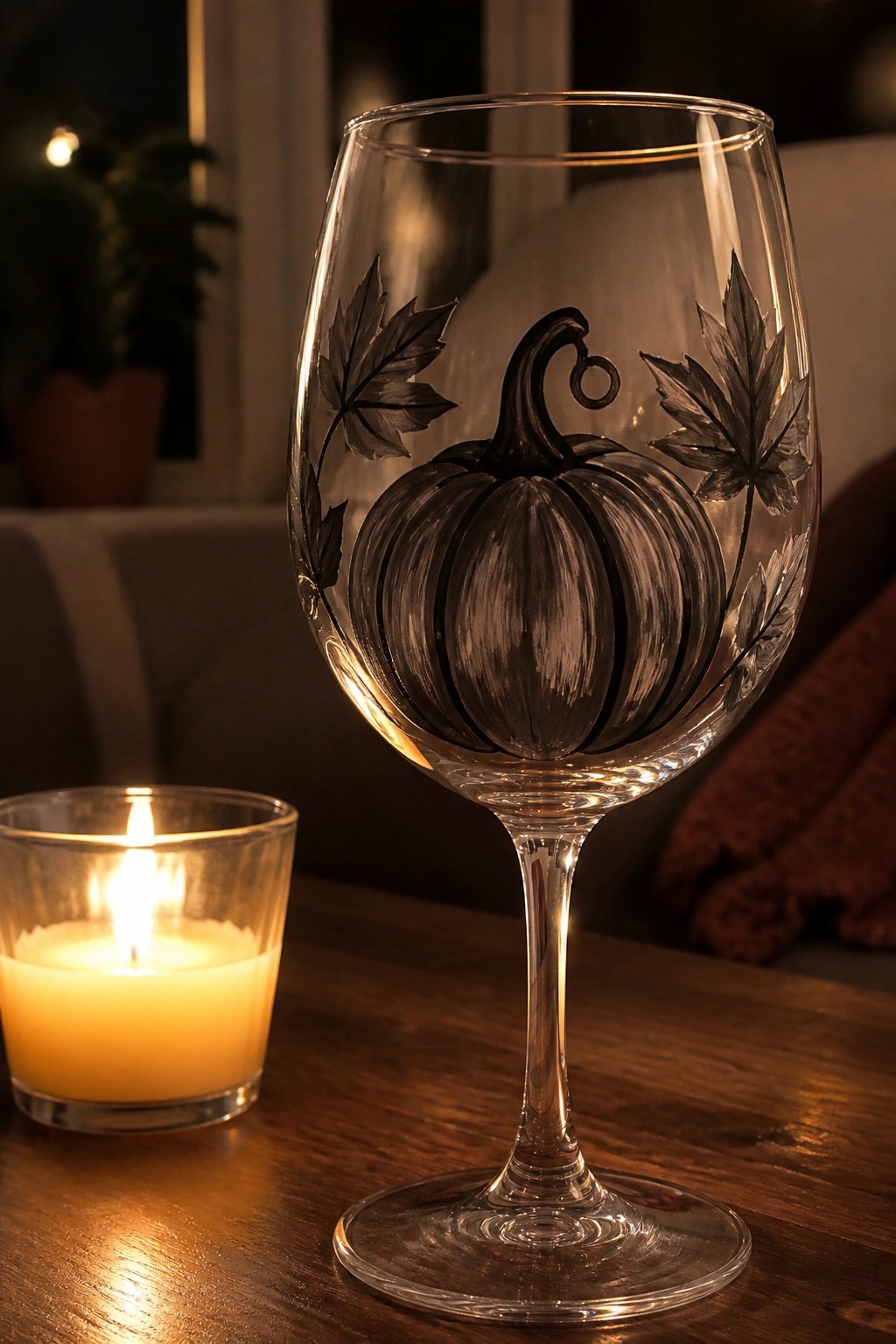 Wine glass with black pumpkin and leaves beside lit candle on wooden table