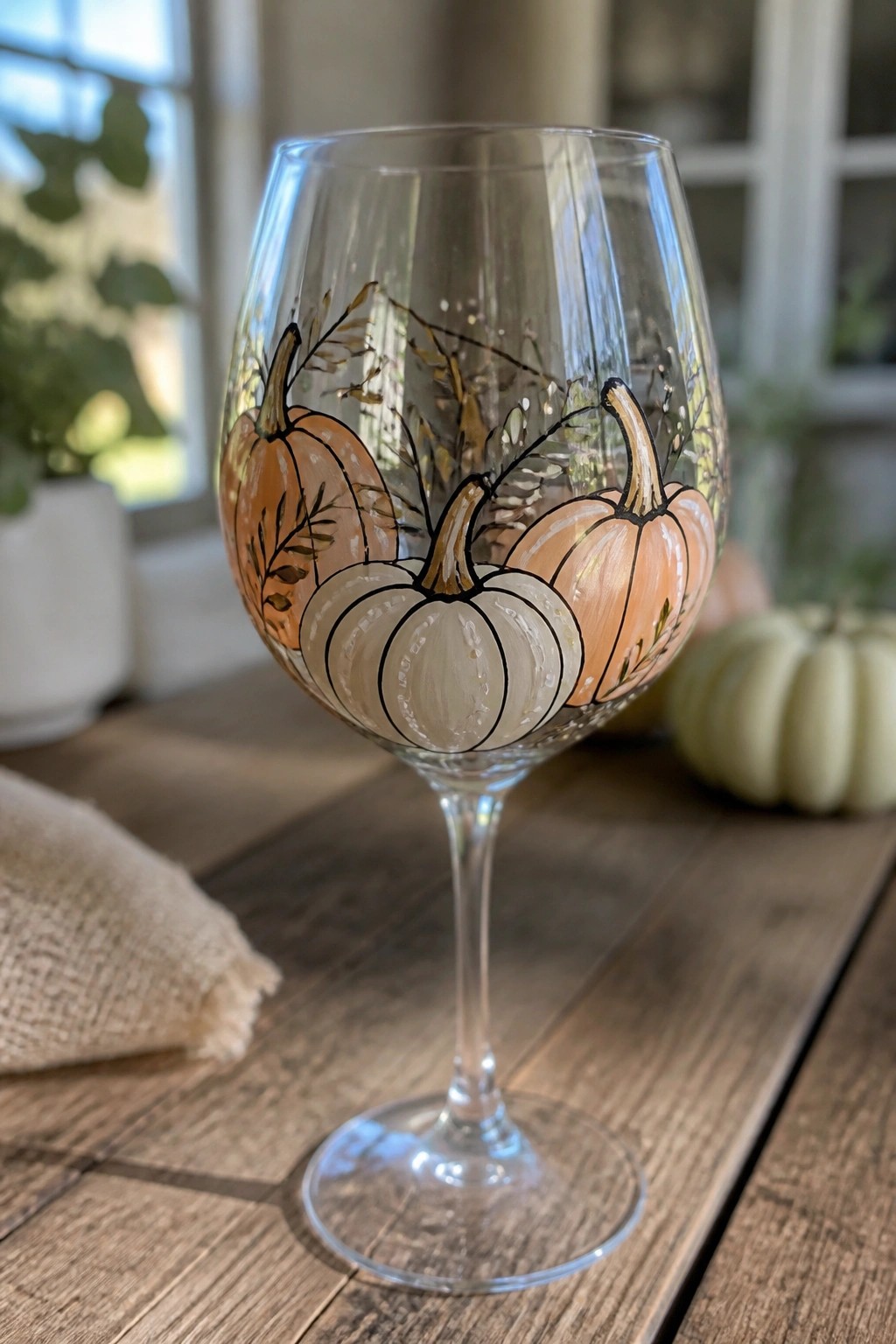 Painted wine glass with orange and white pumpkins amid autumn leaves on wood