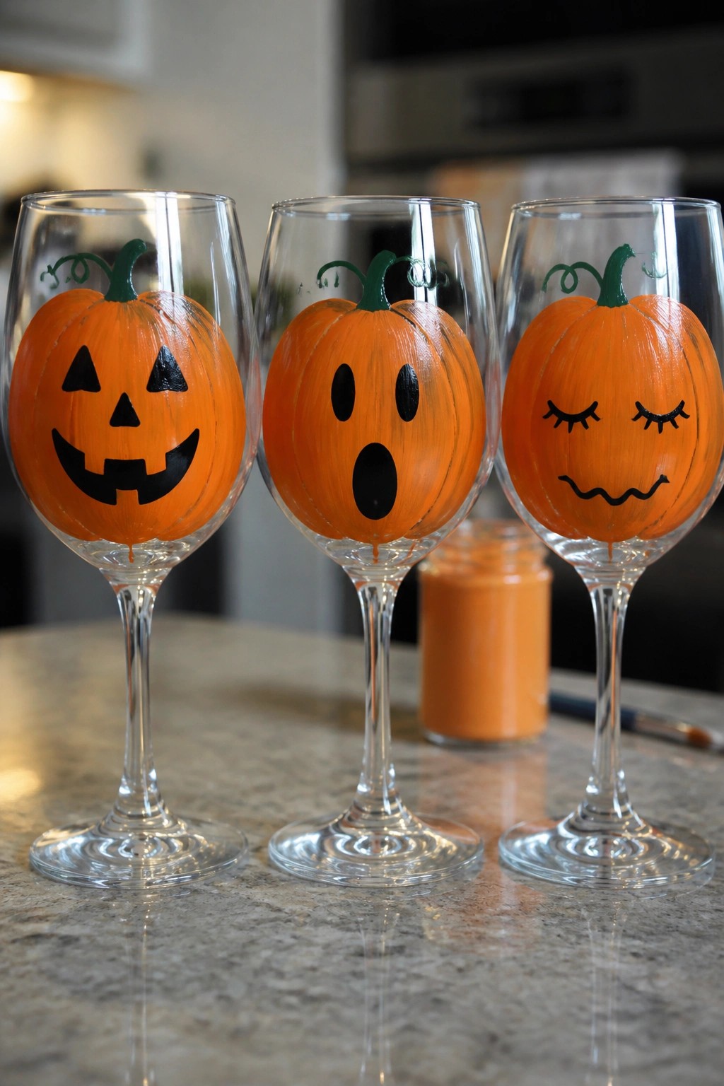 Three wine glasses with orange pumpkins painted in different Halloween expressions on counter