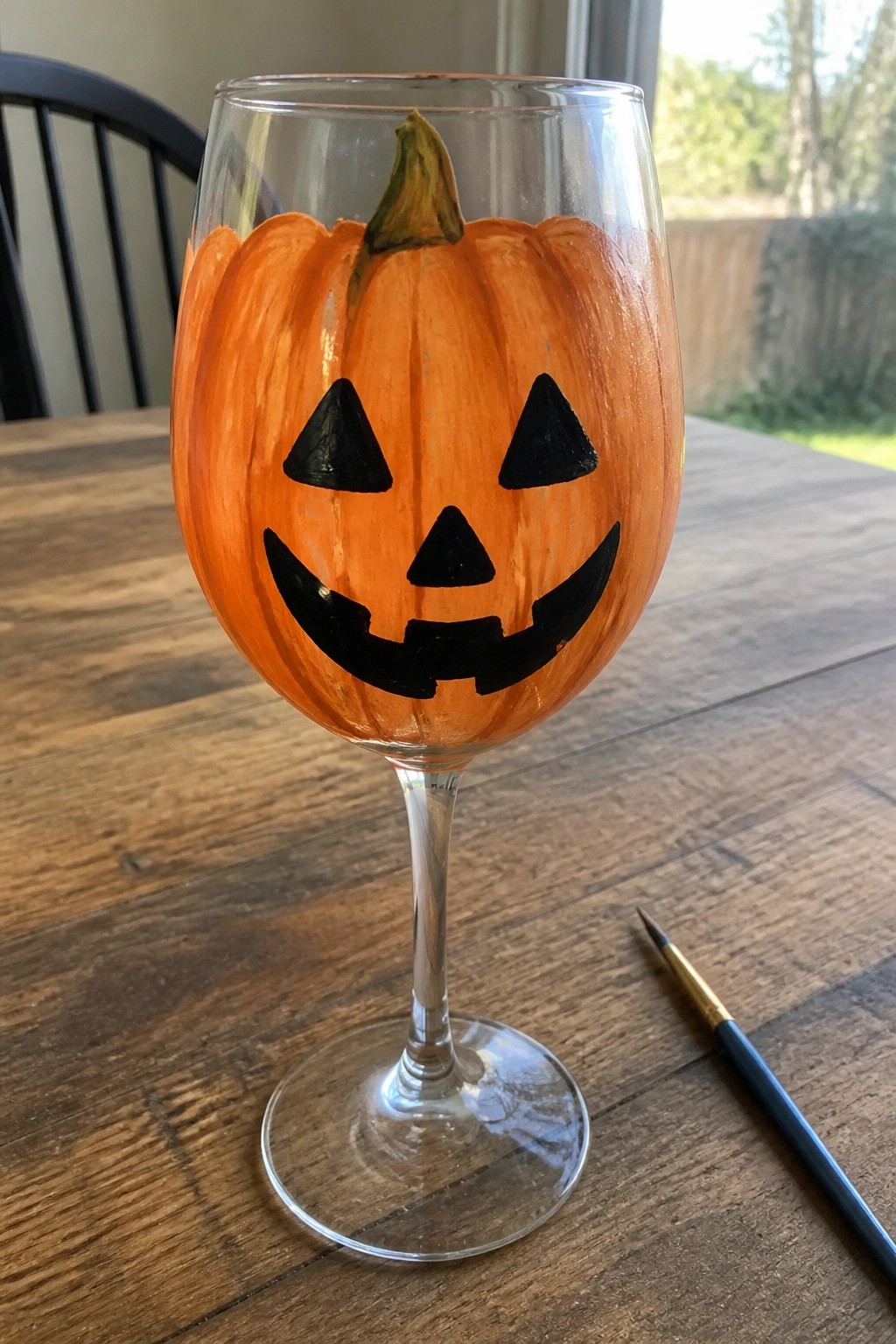 Painted wine glass as orange jack-o'-lantern on wooden table beside paintbrush