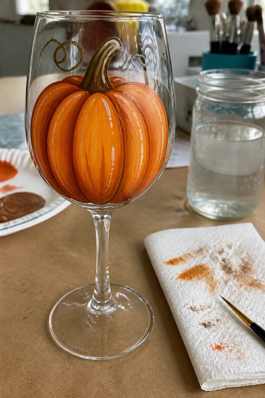 A clear wine glass with an orange pumpkin painted on the bowl sits on a table beside paint supplies and a paper towel.