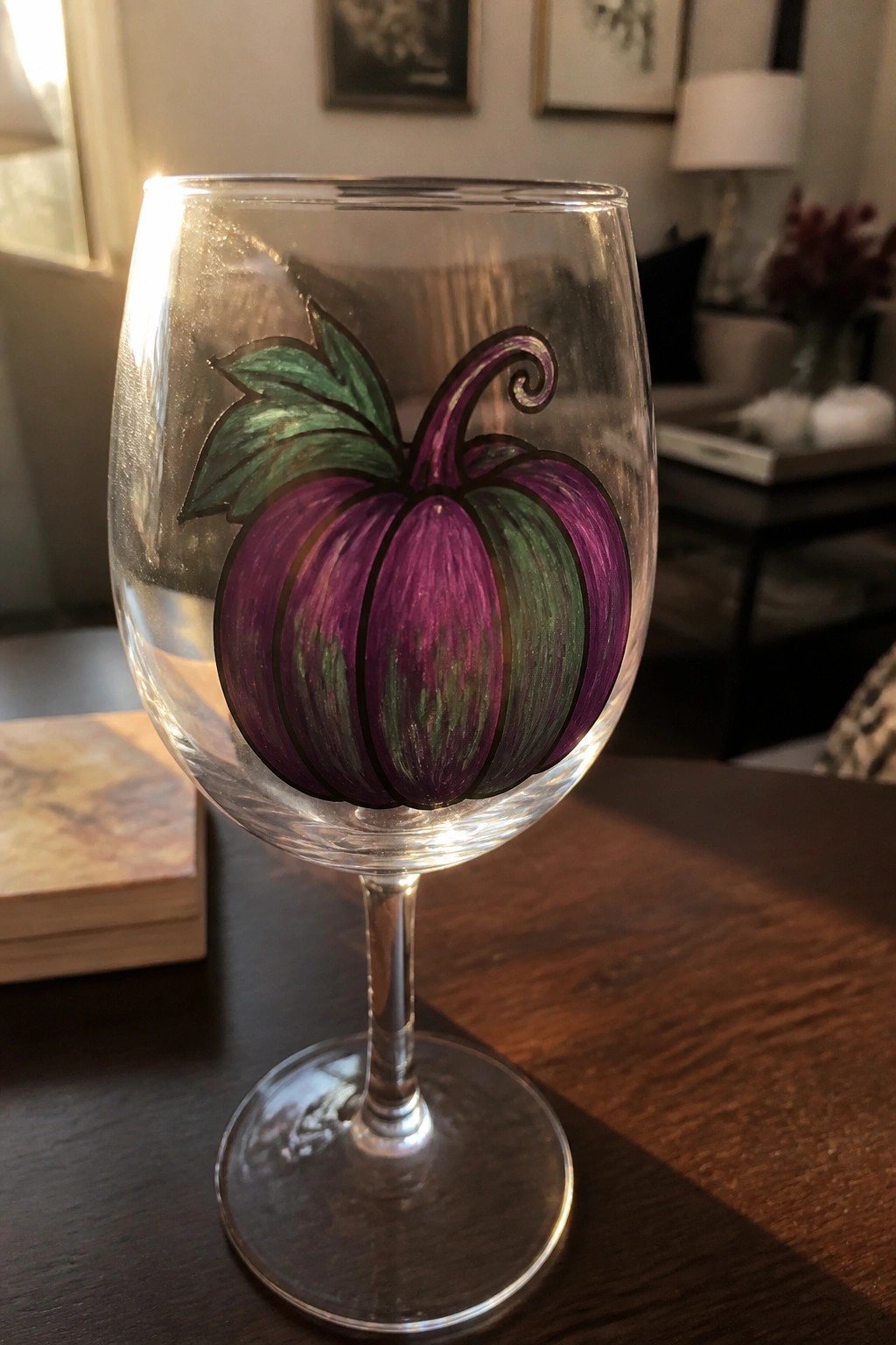 Wine glass with hand-painted purple pumpkin, green leaves, and curly stem