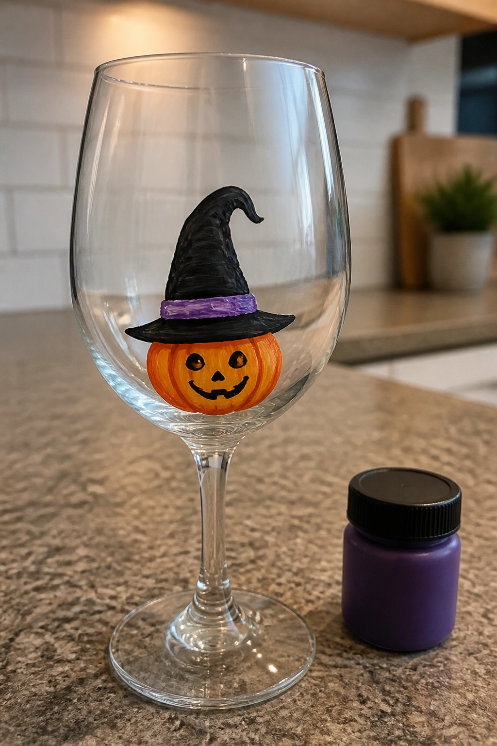 Wine glass with painted jack-o'-lantern wearing black witch hat beside purple paint jar