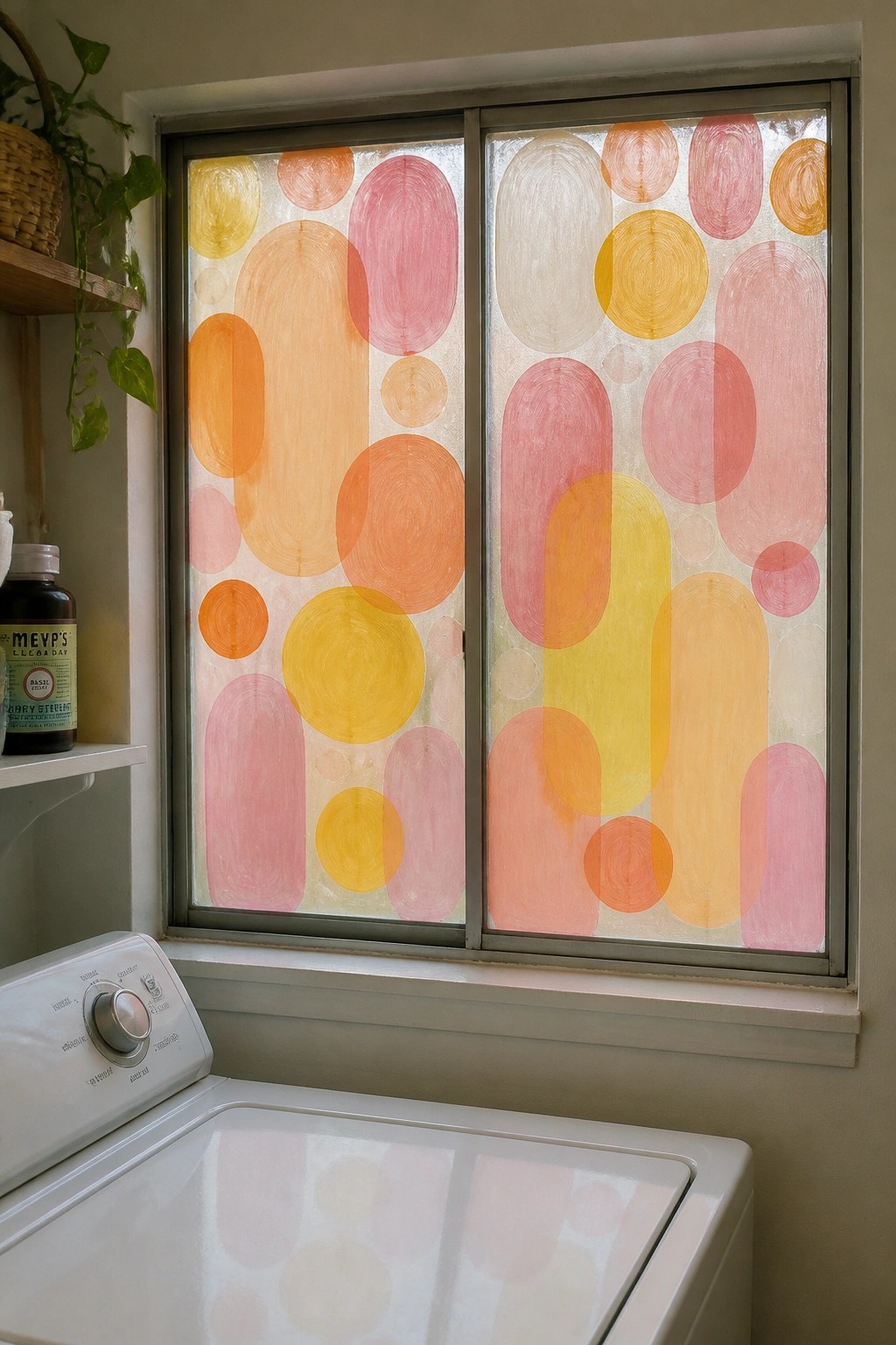Colorful oval patterns on window above white washing machine in laundry room.