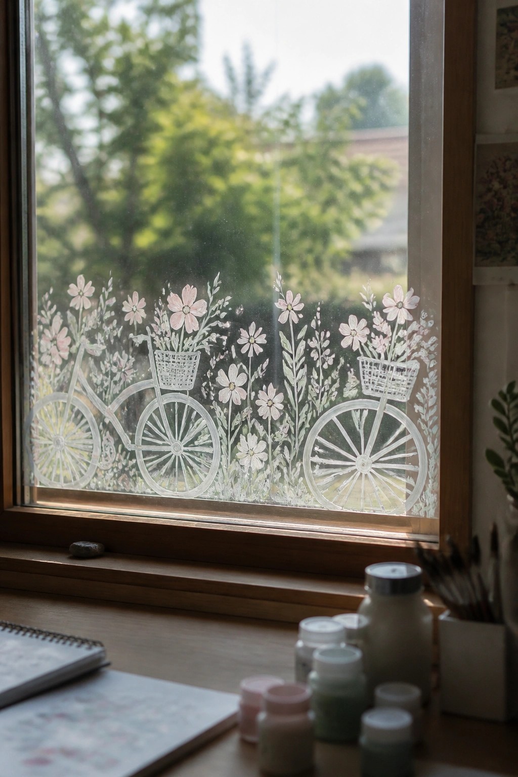 Bicycles and flowers painted on window glass above scattered paint jars