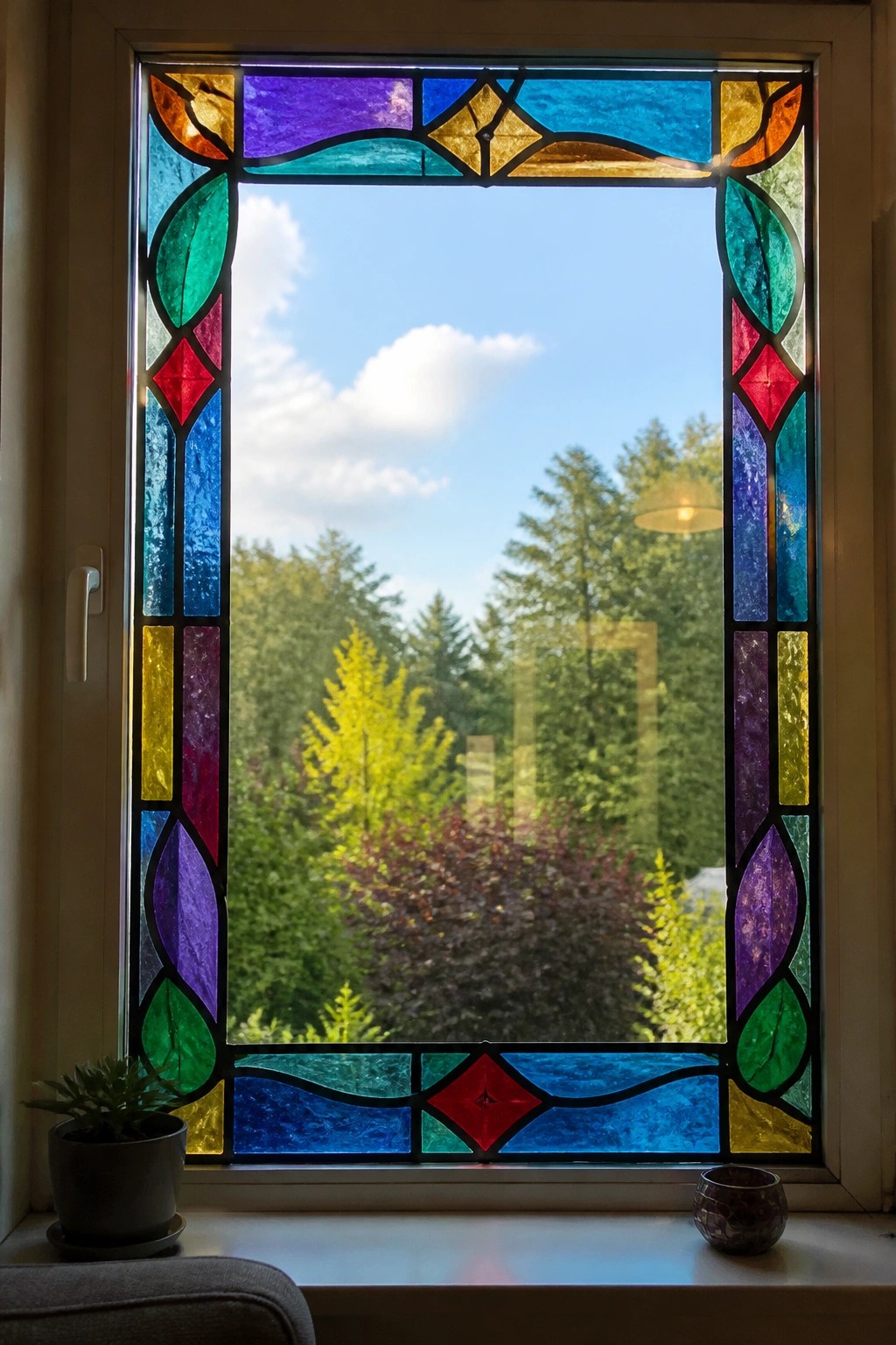 Colorful stained glass window with leaf patterns framing trees under blue sky, plant on sill