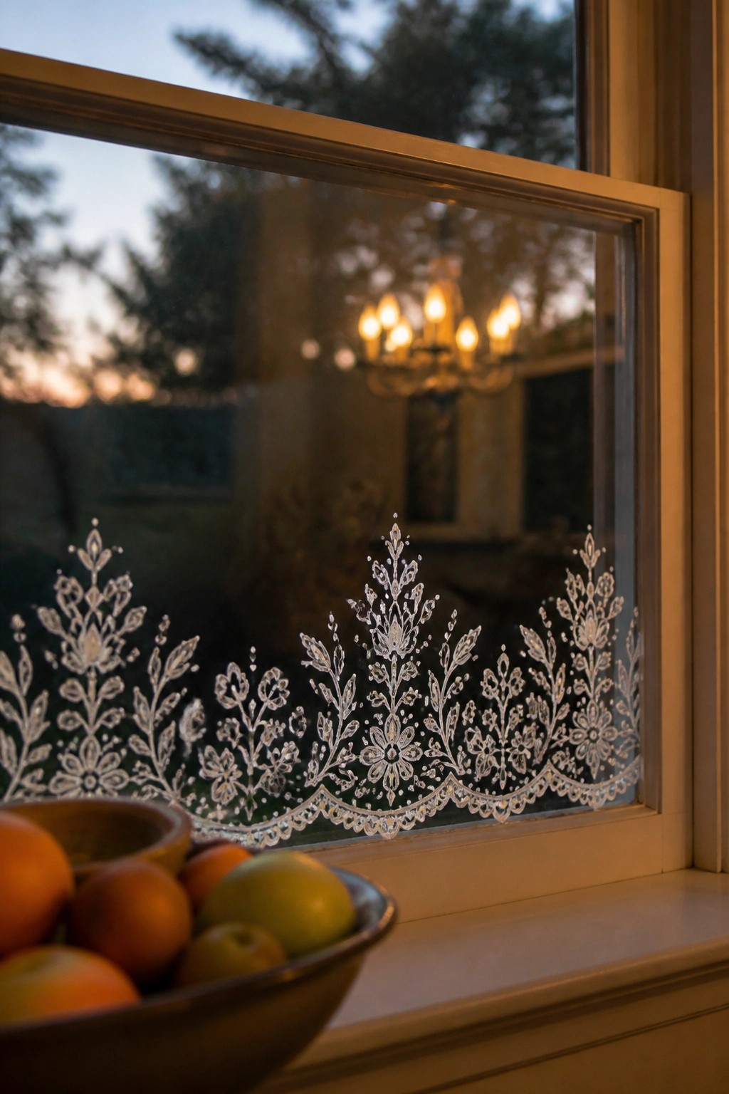 A window with a white frosted floral and leaf border painted along the bottom edge and a bowl of fruit on the sill.