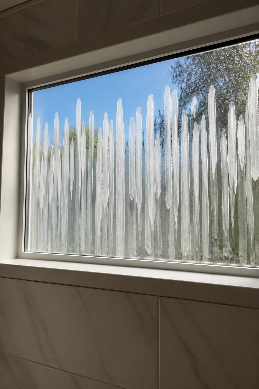 Window with frosted vertical icicle patterns and trees visible outside