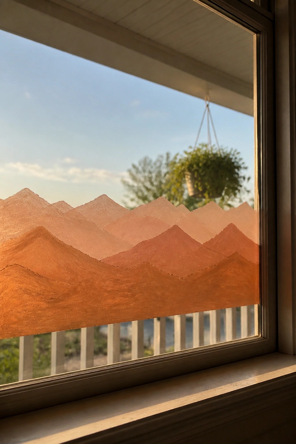 Window with layered orange mountain silhouettes, blue sky, hanging plant, and railing visible.