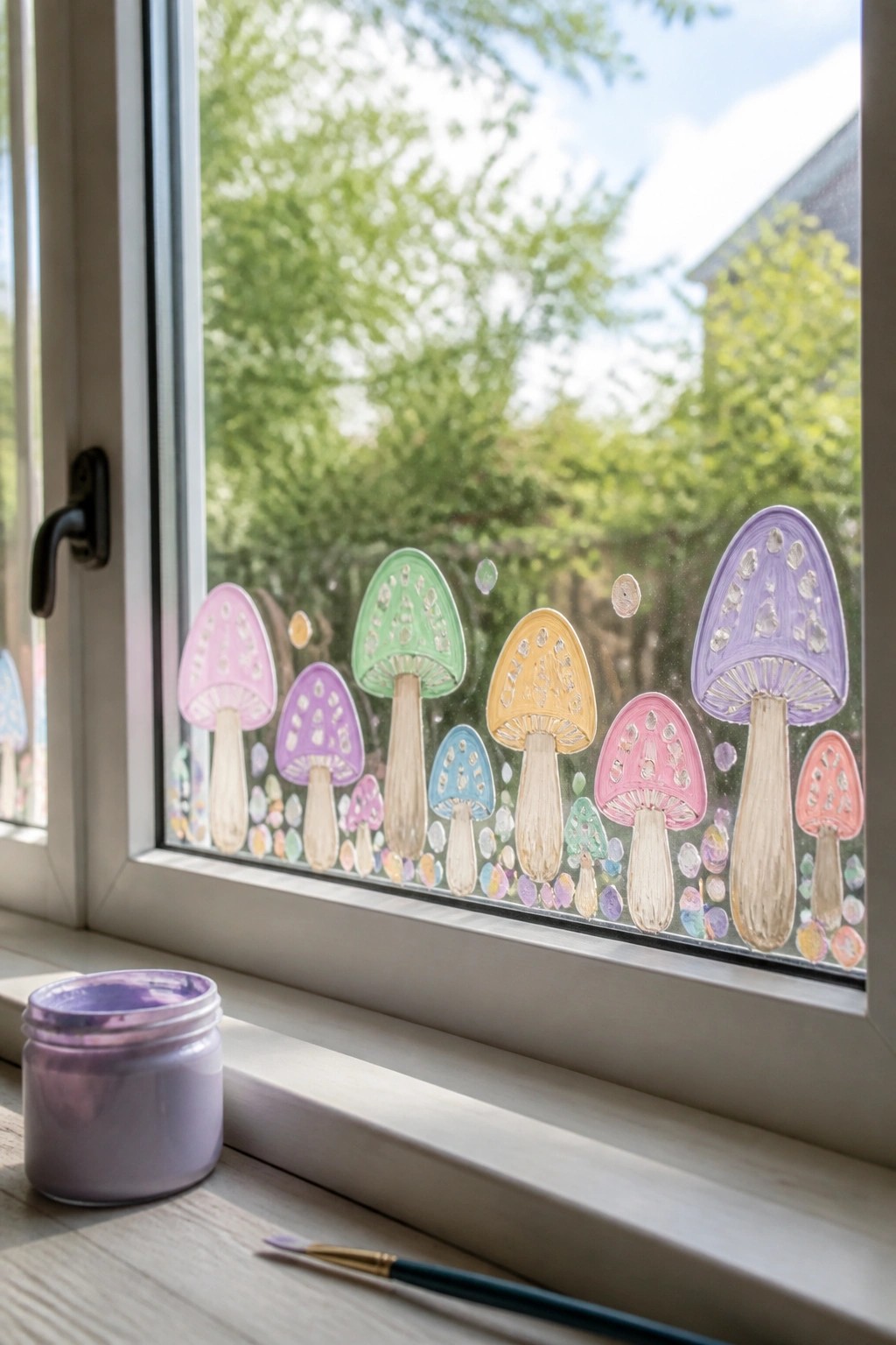 Colorful painted mushrooms adorn window above paint jar and brush on sill.