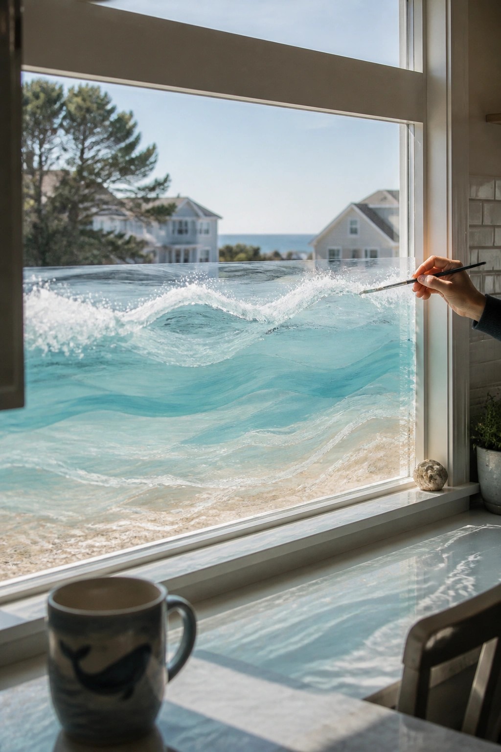Hand painting turquoise waves on window with whale mug and coastal view beyond