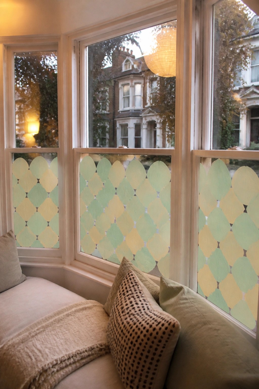 Cozy window seat with pillows beside green-yellow diamond-patterned glass overlooking houses