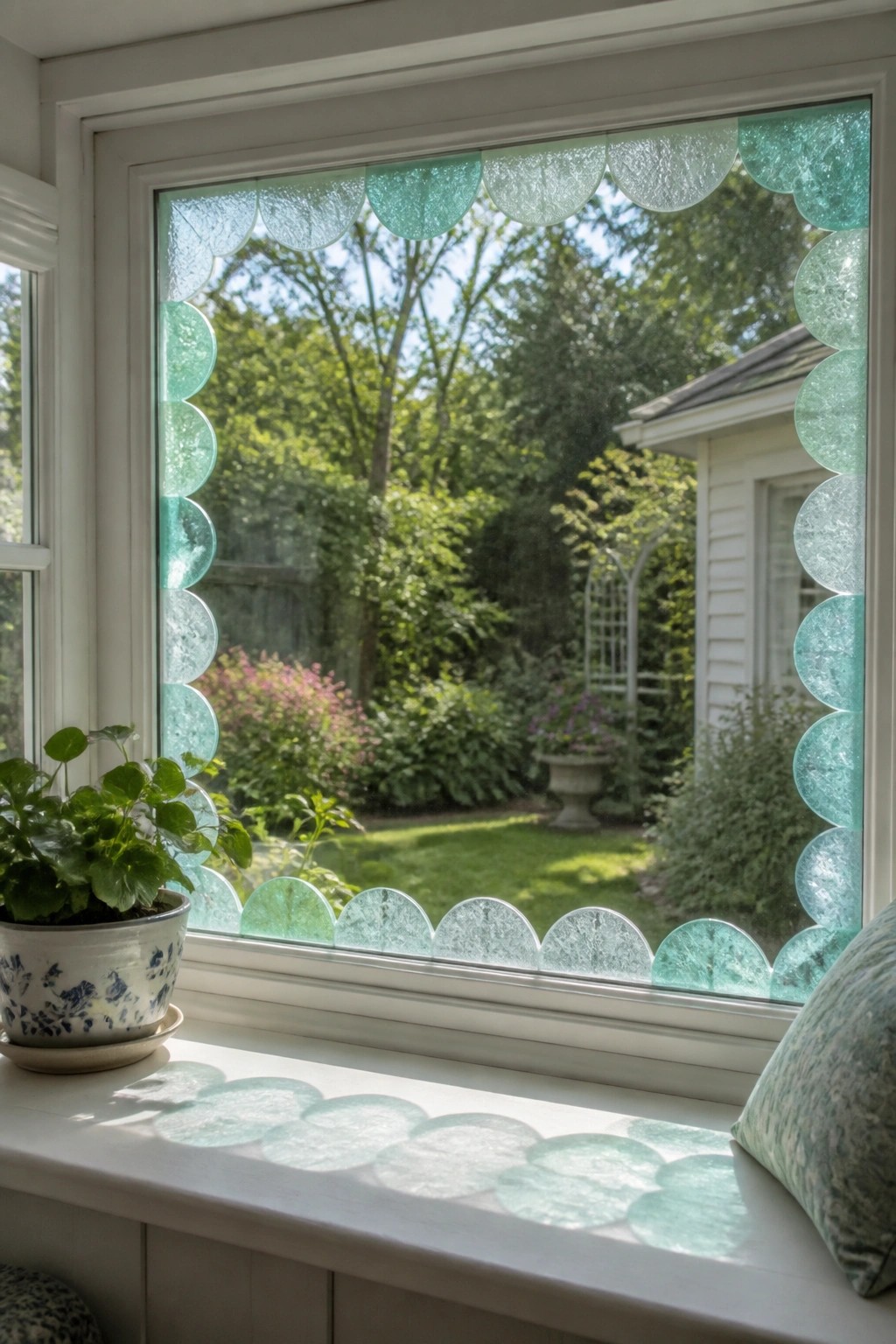 Sunlit windowsill with potted plant beside scalloped turquoise glass overlooking garden