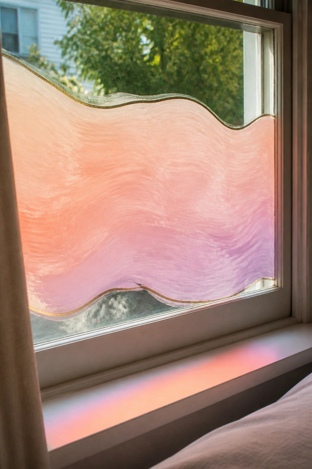 Wavy pink-purple gradient film with gold trim on sunlit window glass