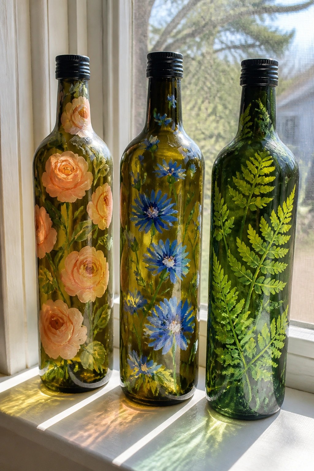 Three painted bottles with roses, blue flowers, and ferns on a sunny windowsill.