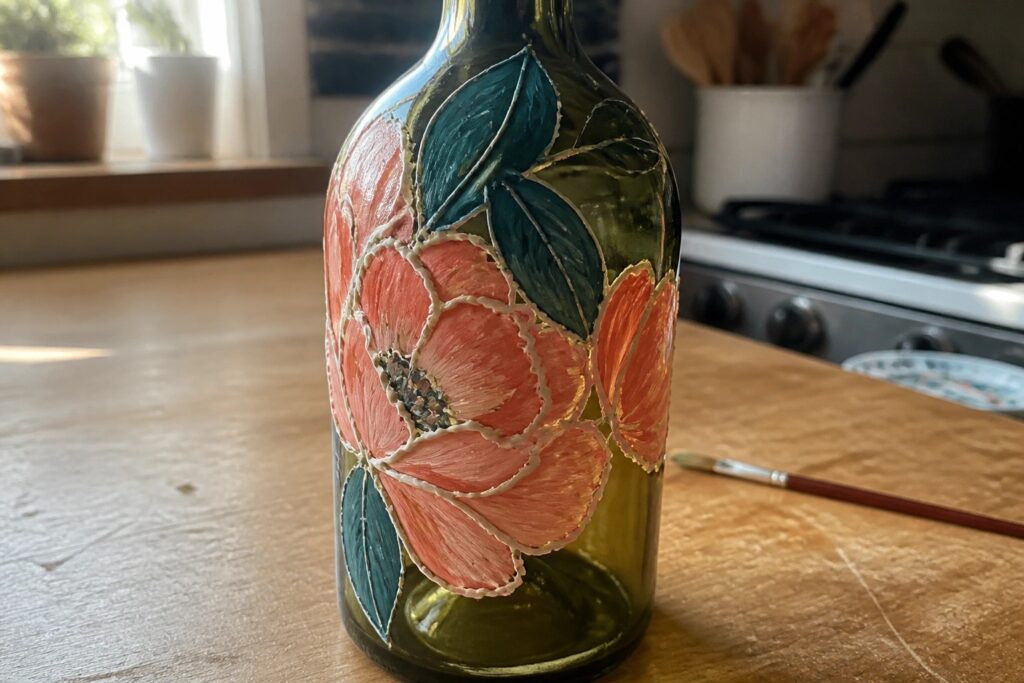 23 Colorful Glass Bottle Painting Ideas Built Around Bold Floral Designs Green glass bottle hand-painted with pink flowers, green leaves on wooden table