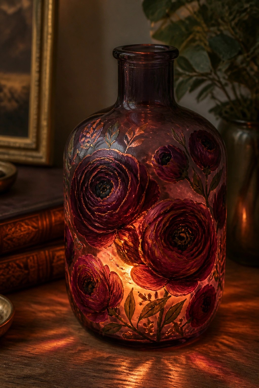 Glowing purple glass bottle painted with dark roses and golden leaves