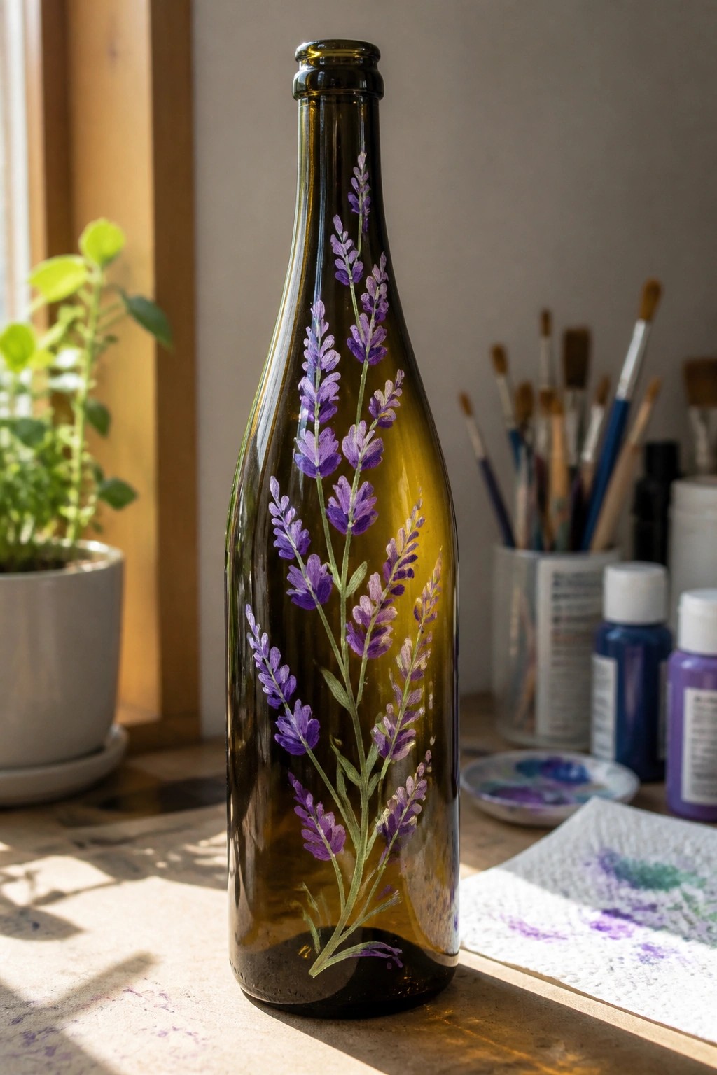 Green glass bottle hand-painted with purple lavender flowers amid art supplies on table