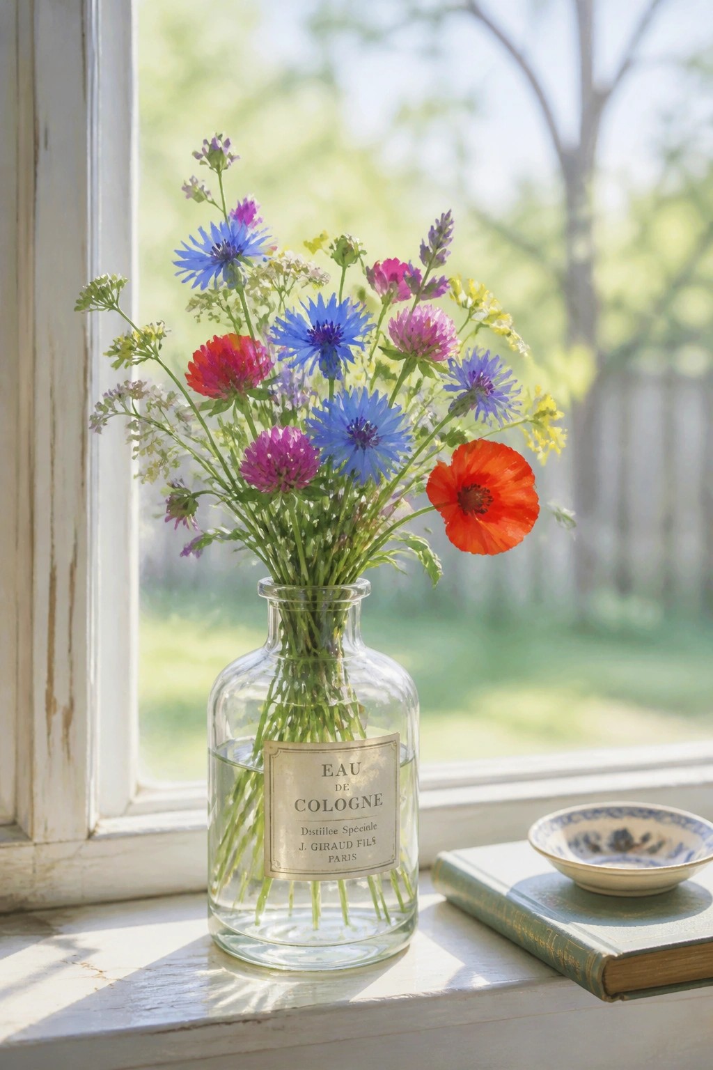 Colorful wildflowers in Eau de Cologne bottle on sunlit windowsill with book nearby