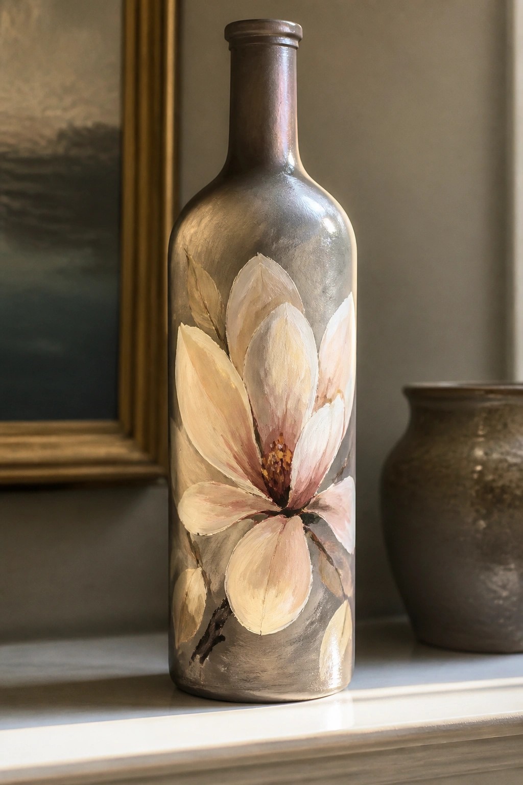 Painted metallic bottle with large beige-pink magnolia flower on white ledge.